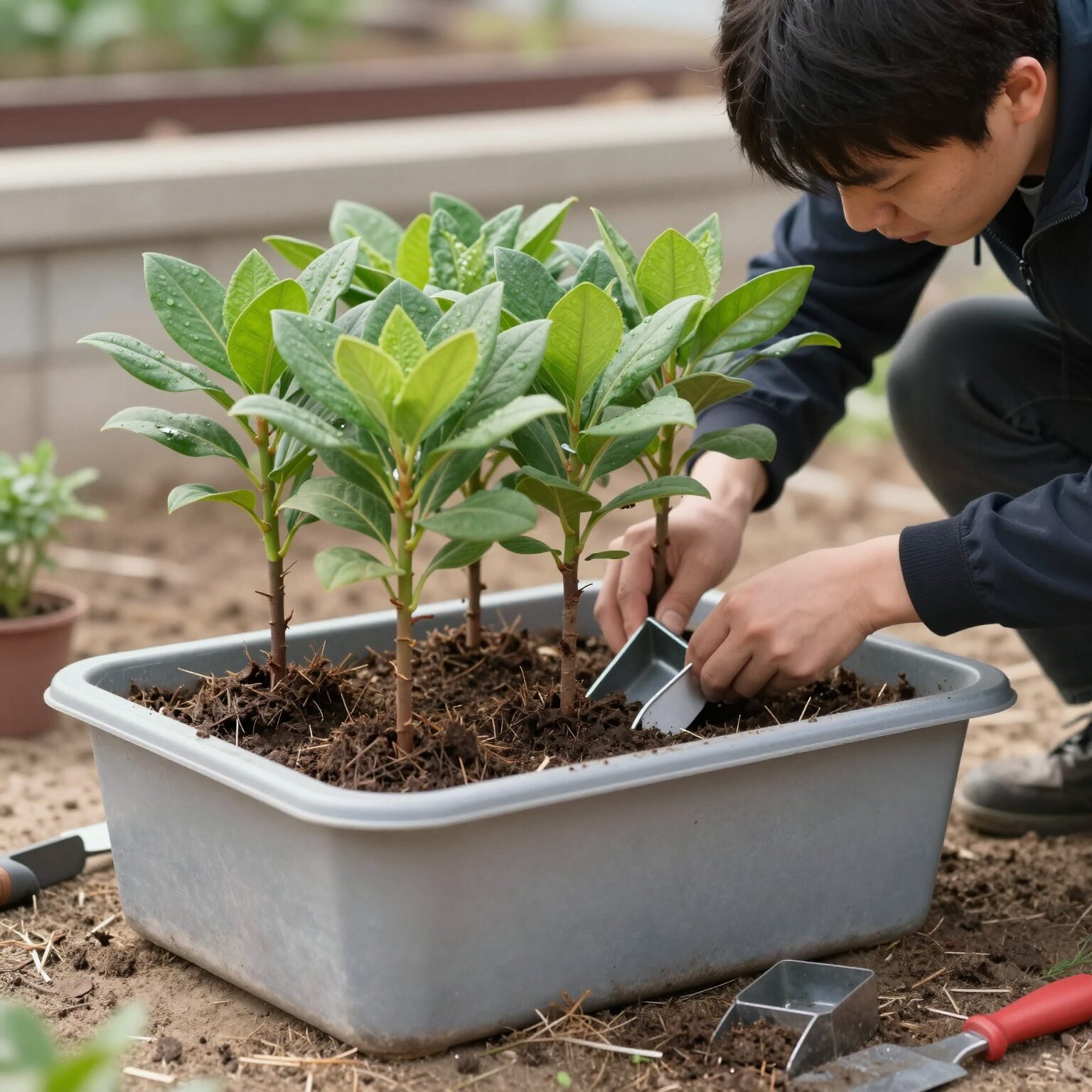 화분에 심겨진 복숭아 나무 묘목과 정리 도구