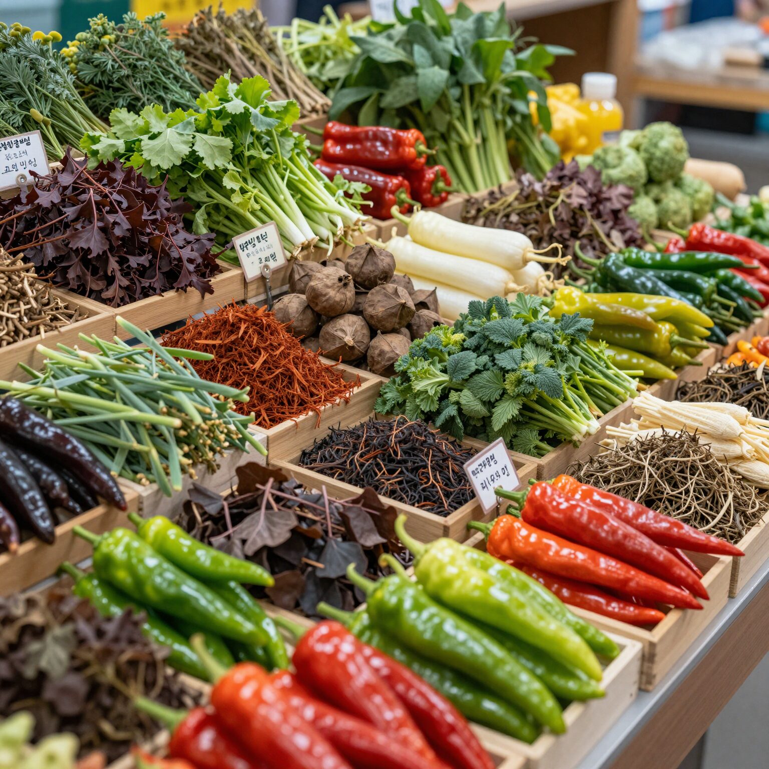 고성 오일장에서 다양한 고추모종이 진열되어 있는 모습. 가격표에 숫자가 적혀 있다.