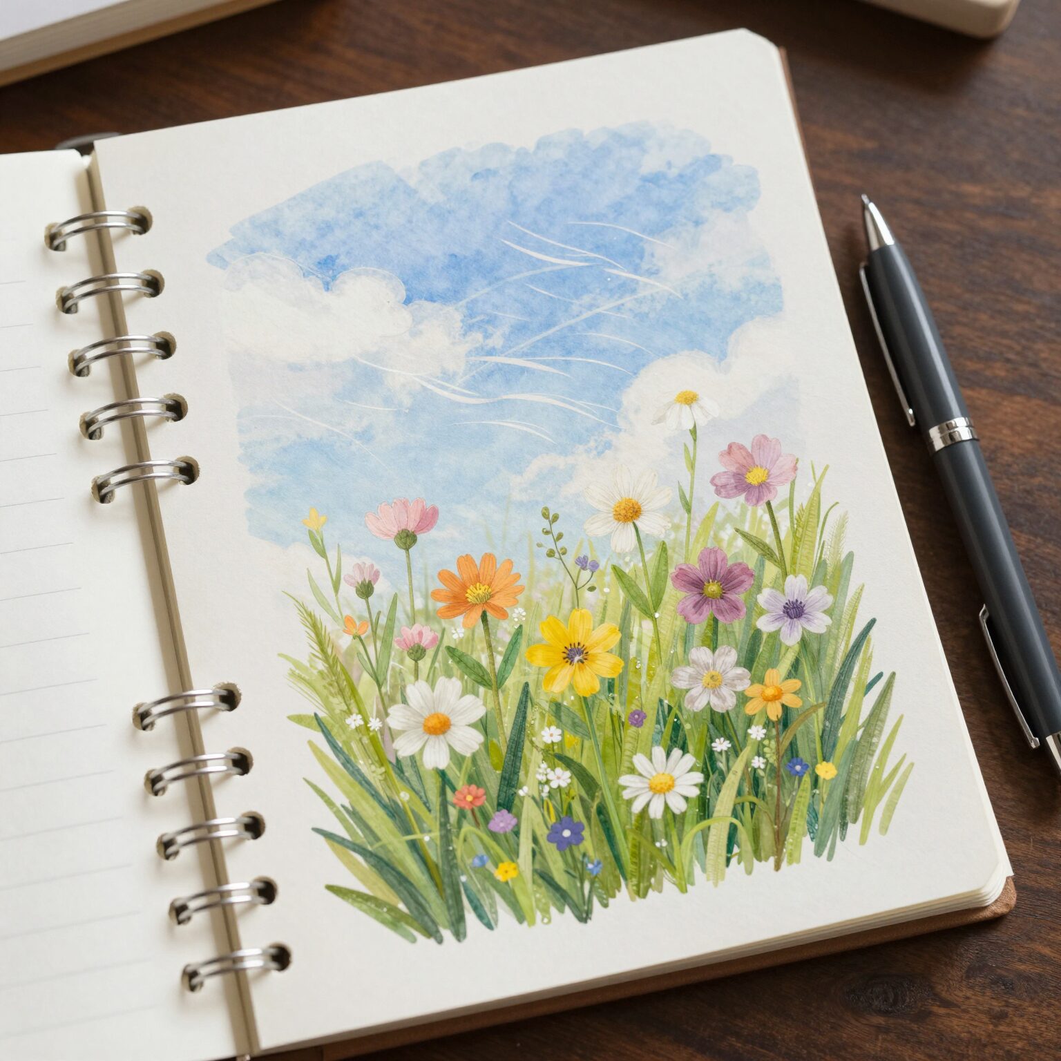 의인법과 활유법을 활용한 창의적인 글쓰기 이미지 노트북과 펜 옆에 꽃과 바람을 의인화한 그림