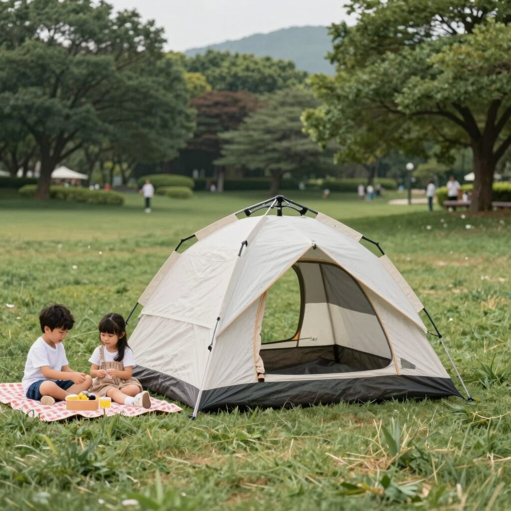 공원 잔디밭에 설치된 패스트캠프 오토6 원터치 텐트와 가족이 즐기는 피크닉 모습