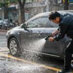 소나무가루가 묻은 차를 고압수로 세차하는 모습