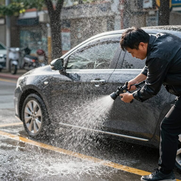 소나무가루가 묻은 차를 고압수로 세차하는 모습