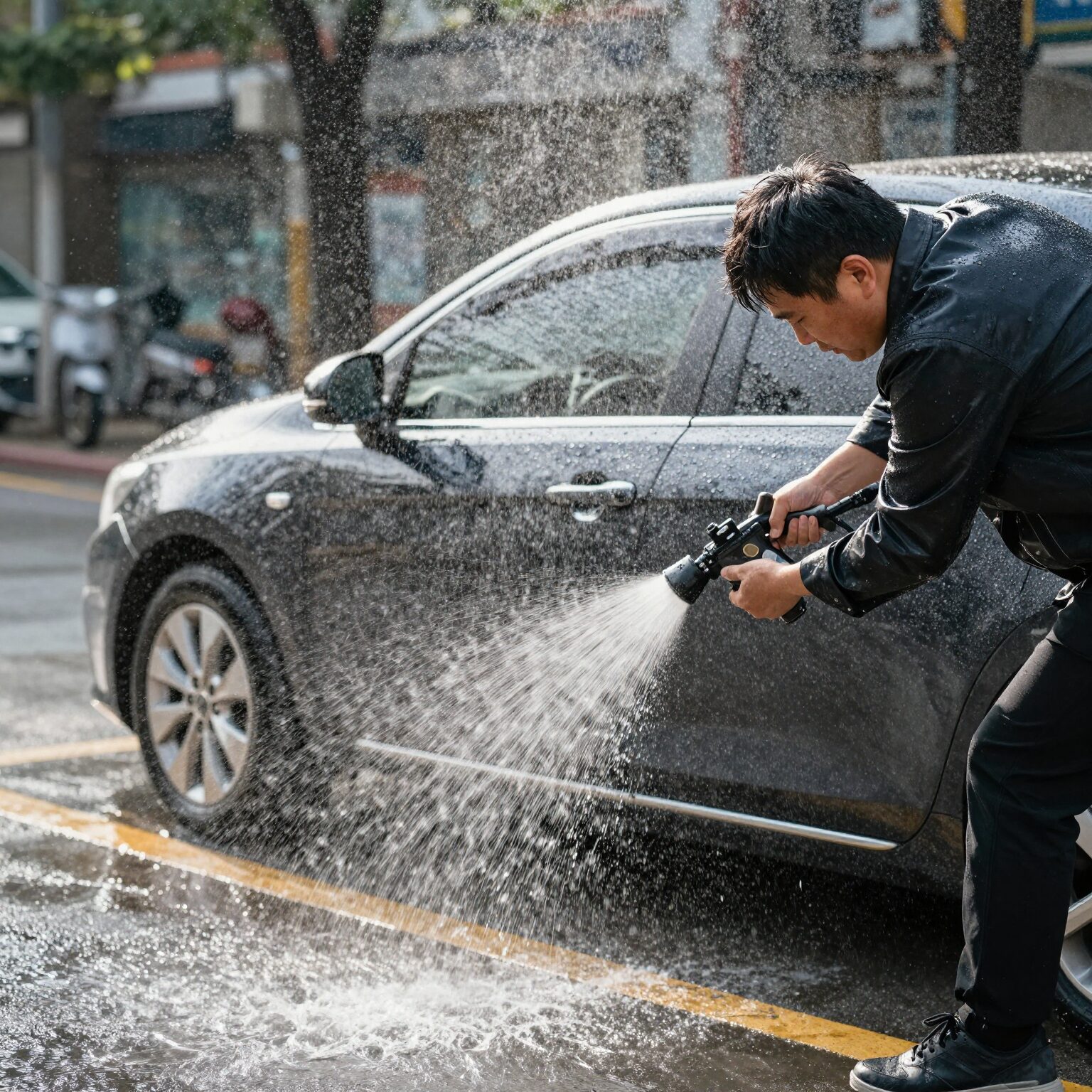 소나무가루가 묻은 차를 고압수로 세차하는 모습