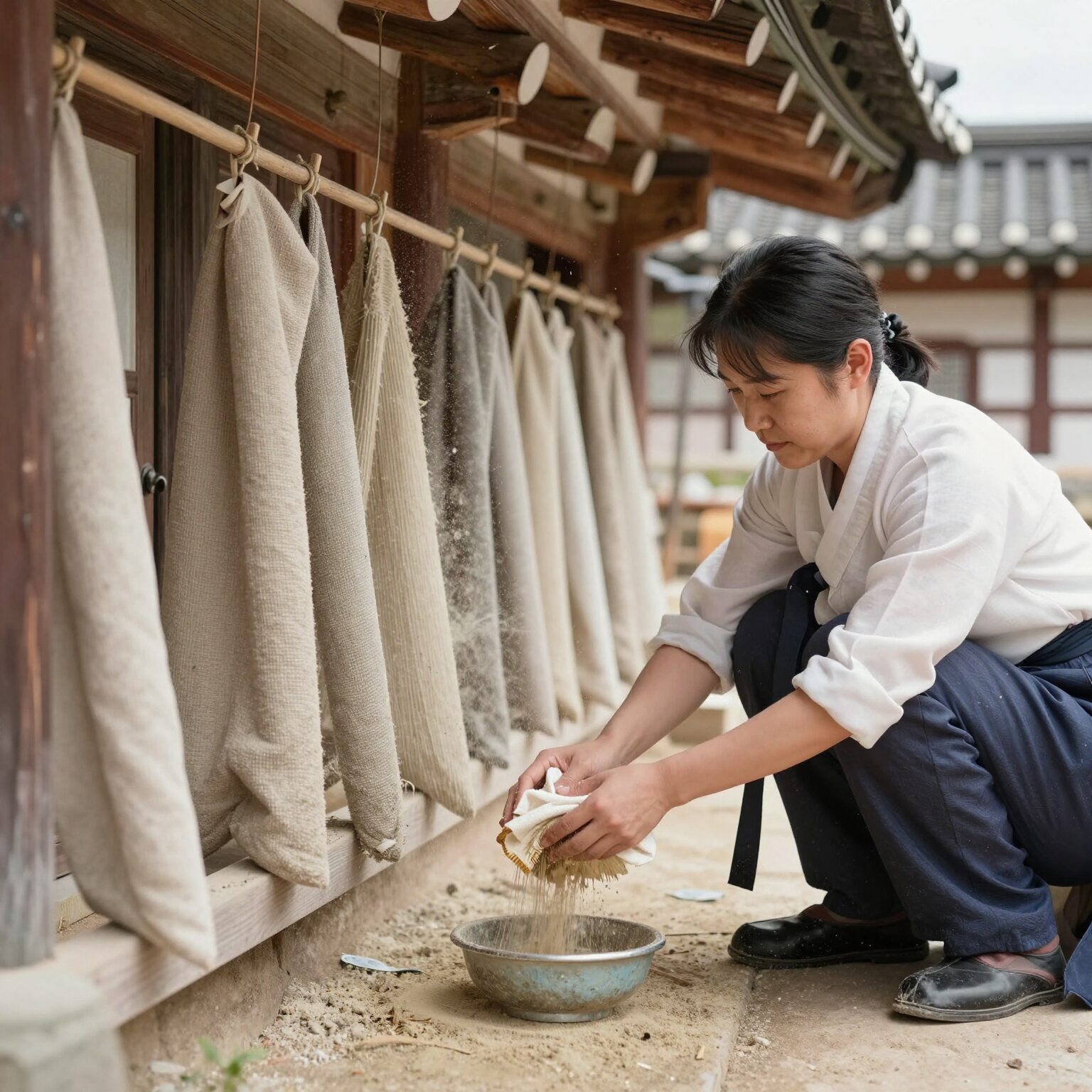 물걸레로 창틀 청소하는 모습, 송화가루 시기 젖은 천 청소법