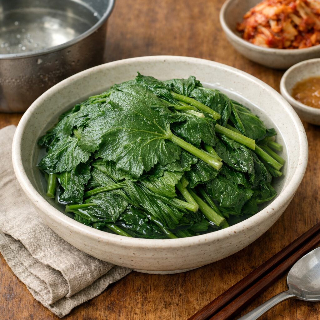 데치고 물에 담가 쓴맛을 뺀 머위잎이 그릇에 담겨 있는 모습