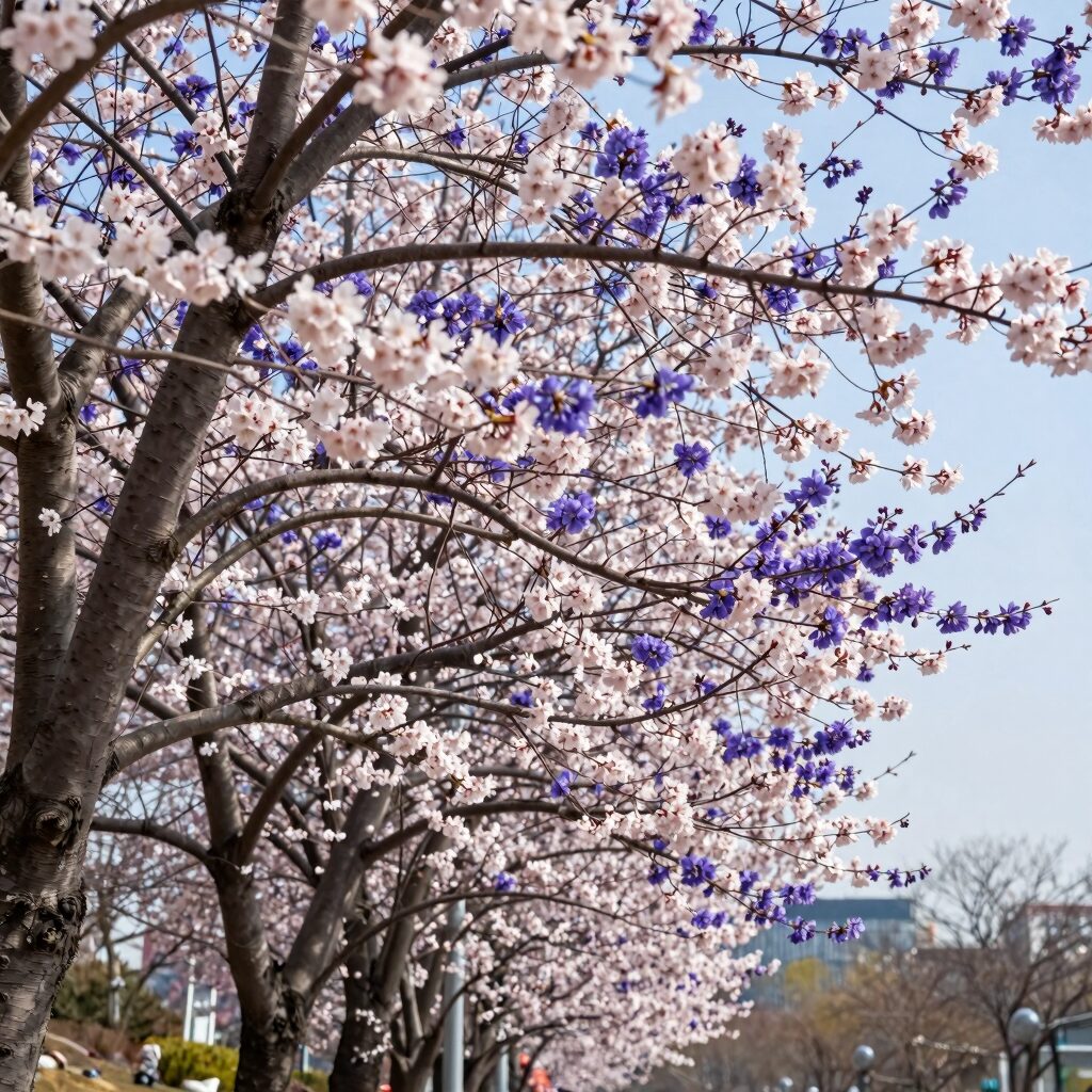 봄날 햇살 아래 가지마다 자줏빛 꽃이 만발한 박태기나무