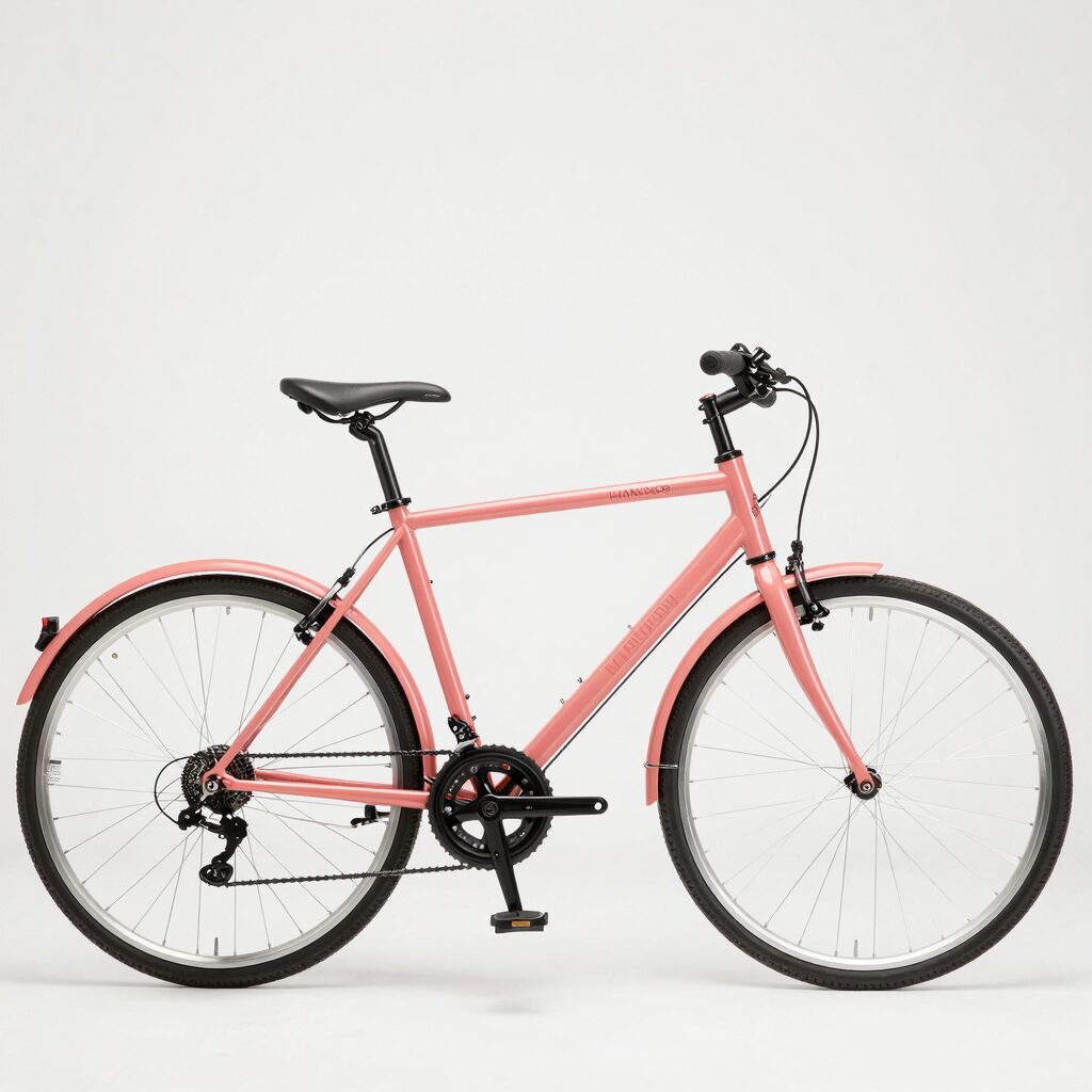 레스포 딩고 18인치 자전거 실물 사진, 연한 코랄핑크색과 클래식한 디자인