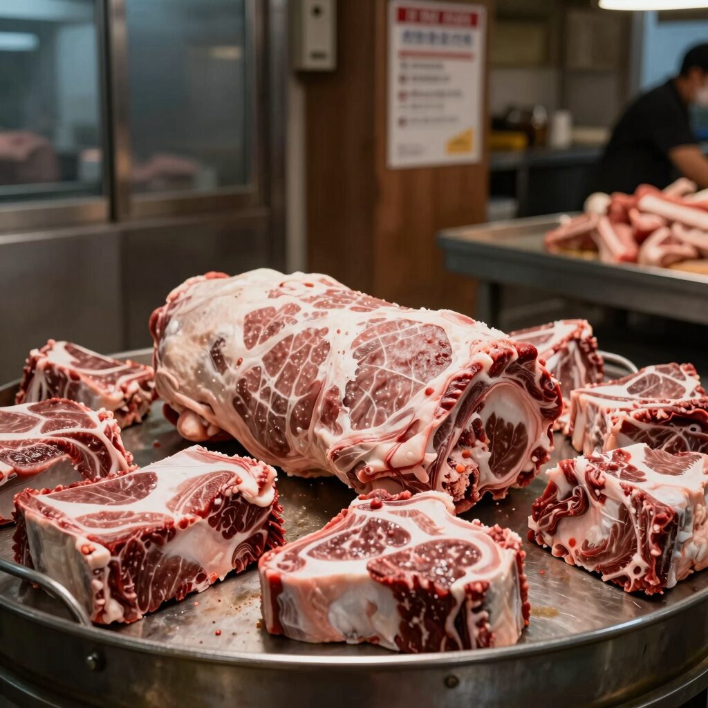 사봉한우촌 입구 드라이에이징 코너에서 숙성 중인 한우 고기 진열 모습