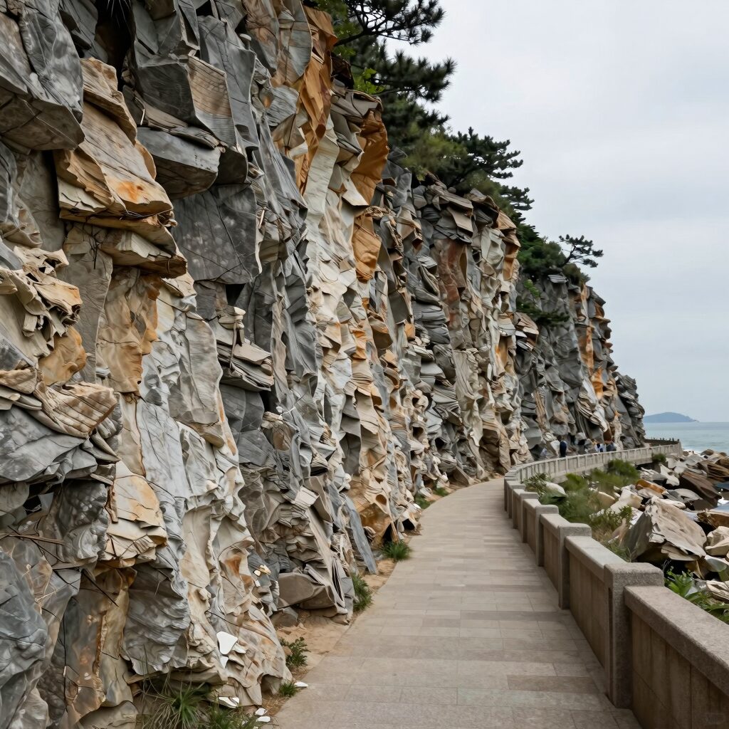 고성 상족암 군립공원의 층층이 쌓인 퇴적암 절벽과 해안 데크길 풍경