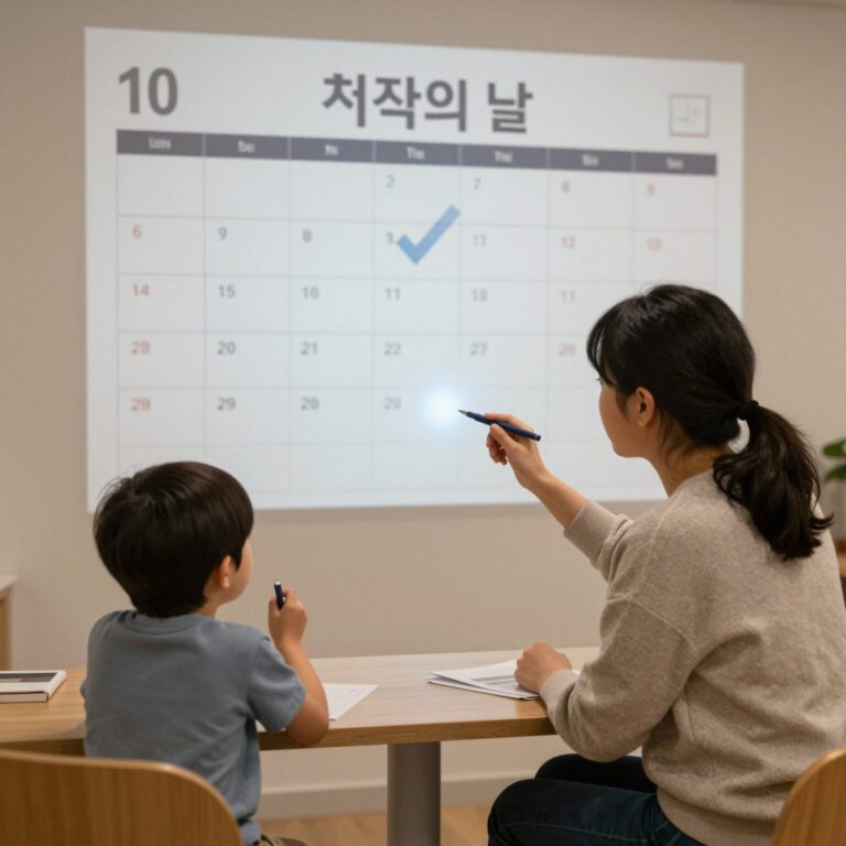 과학의 날 행사를 기대하며 달력에 체크하고 아이와 대화하는 모습