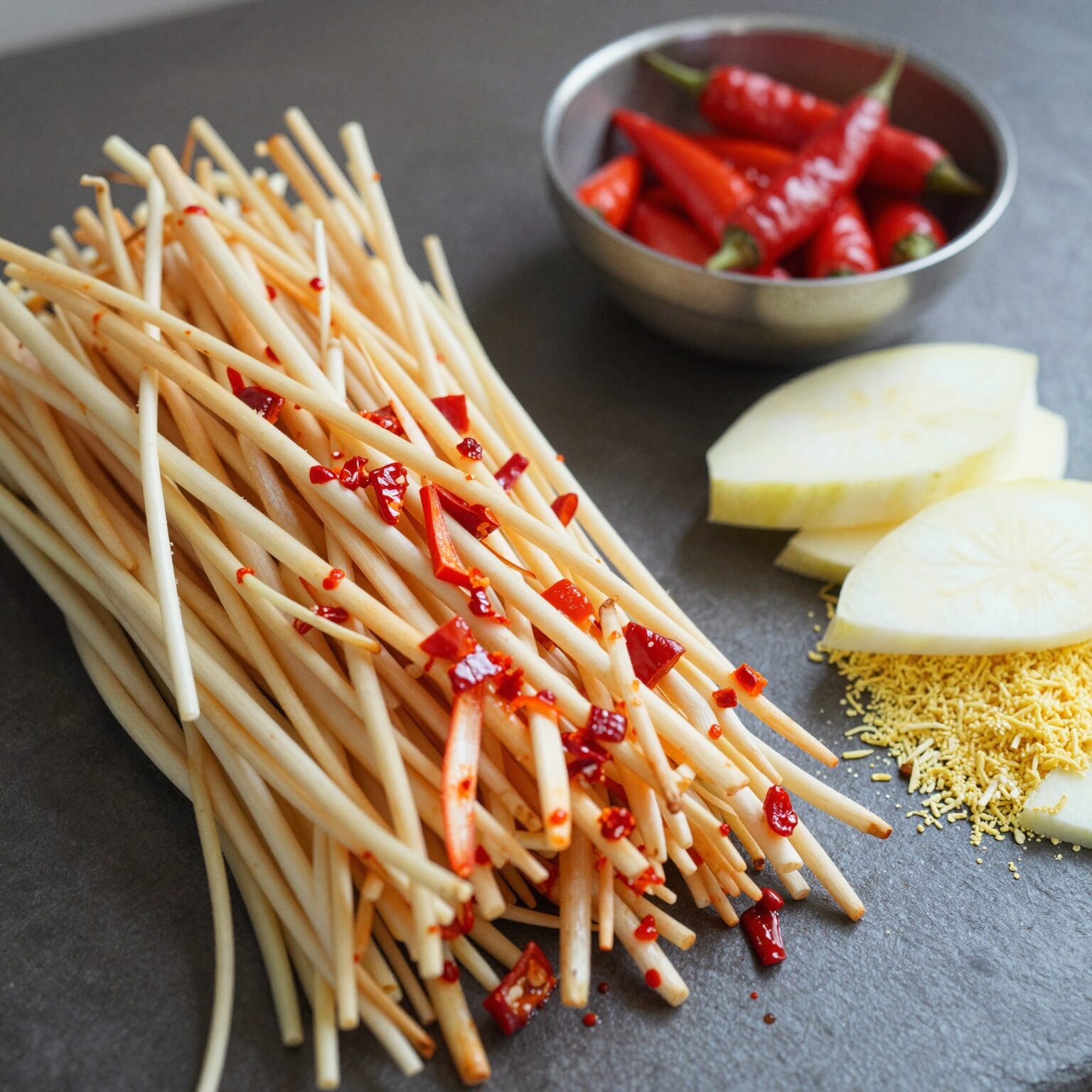 돌나물 물김치 재료 준비 사진. 씻어둔 돌나물과 썰어놓은 홍고추, 양파, 찹쌀풀과 양념들이 테이블 위에 놓여있다.
