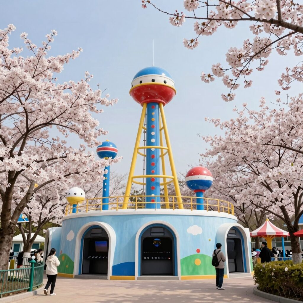 서울랜드 봄 벚꽃과 놀이기구 블랙홀 2000이 함께 보이는 풍경