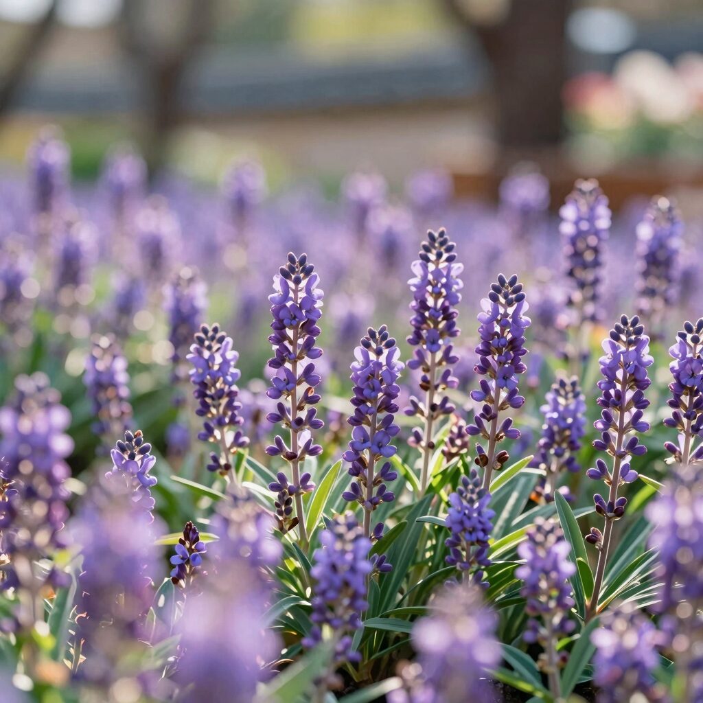 송엽국 보라색 꽃이 햇빛 아래 반짝이며 만개한 정원 풍경