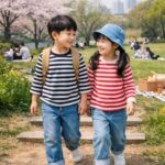 봄 공원에서 데님팬츠와 스트라이프 티셔츠를 입은 아이들 나들이 코디