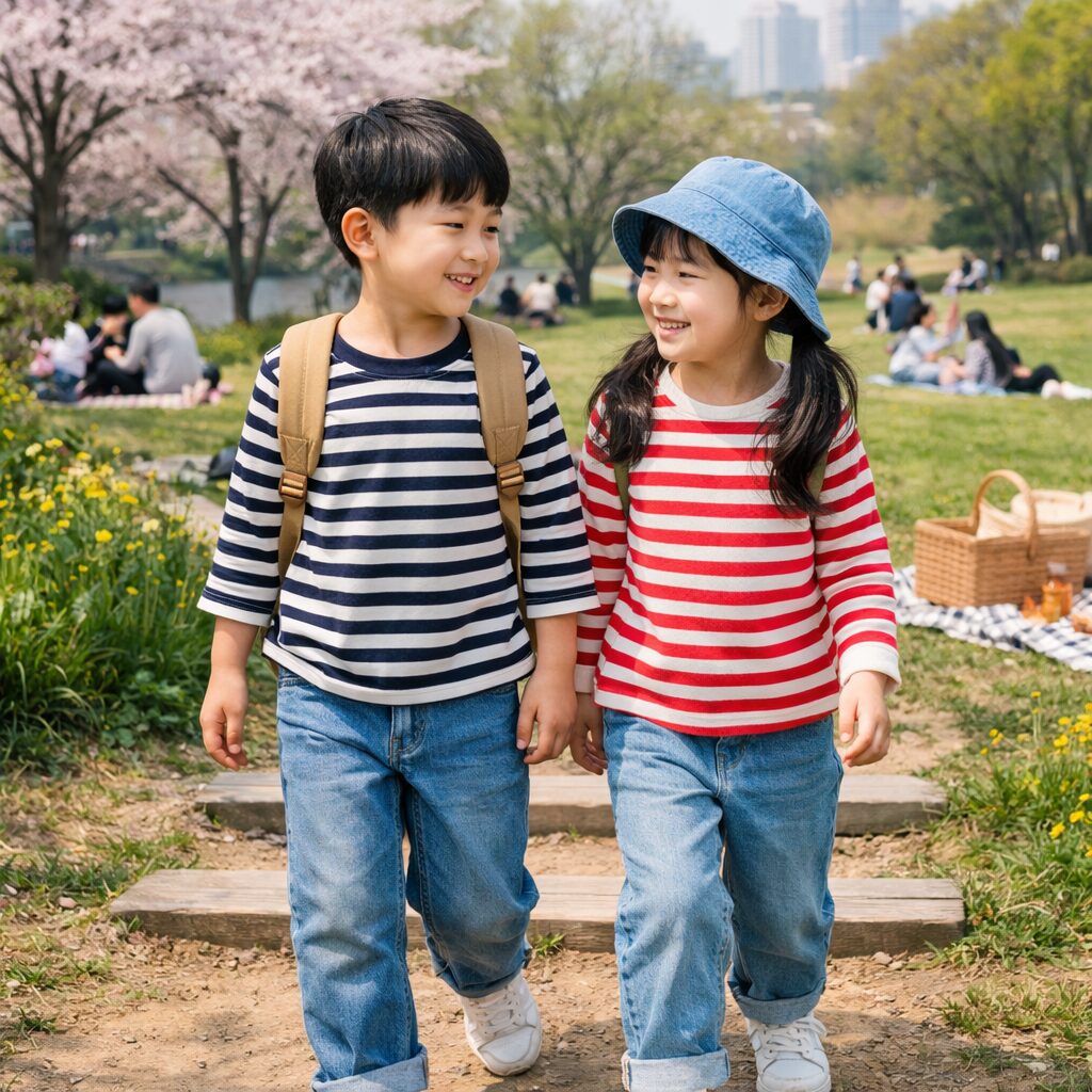 봄 공원에서 데님팬츠와 스트라이프 티셔츠를 입은 아이들 나들이 코디