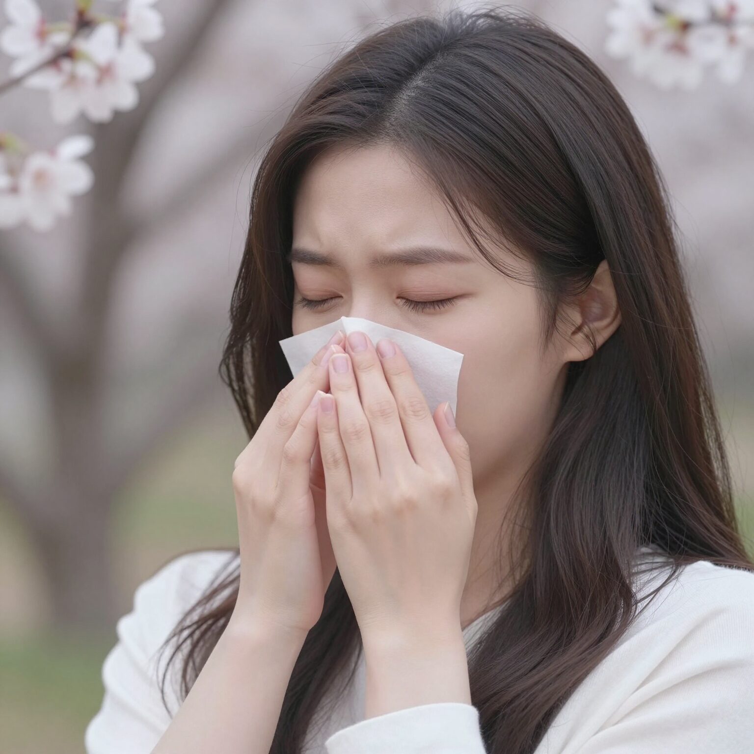 꽃가루 알레르기 증상으로 눈을 비비는 여성의 모습과 배경에 흐릿한 꽃과 나무