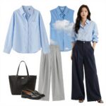 봄 데이트룩을 연출한 여성의 코디 사진, 하늘하늘한 블라우스와 와이드 팬츠를 매치