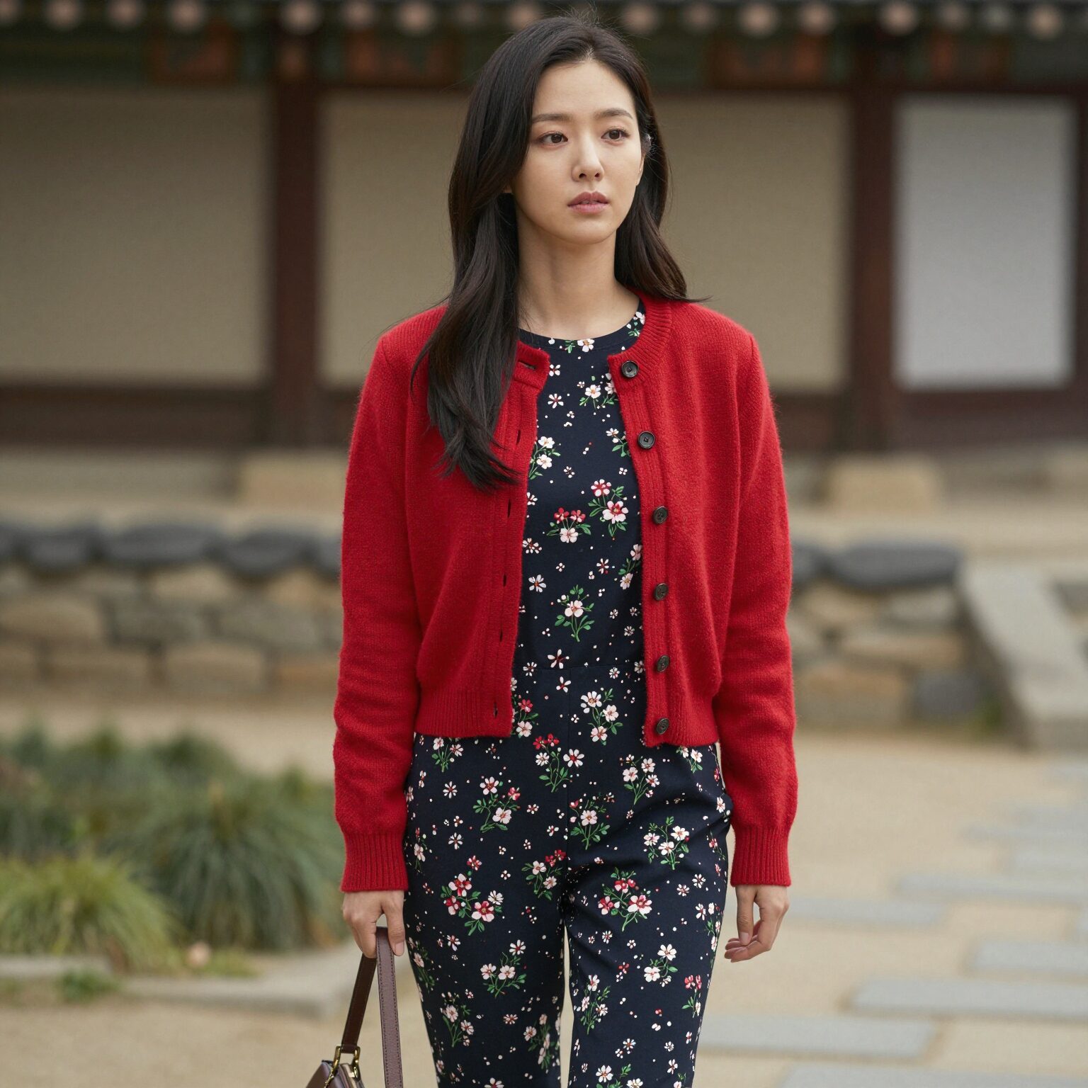 화사한 레드 니트 가디건을 걸친 플라워 원피스 코디