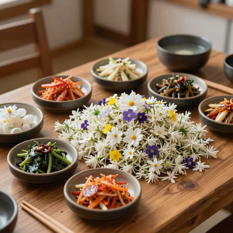 골담초 꽃과 달래장이 올려진 봄 비빔밥과 다양한 반찬이 차려진 나무 식탁