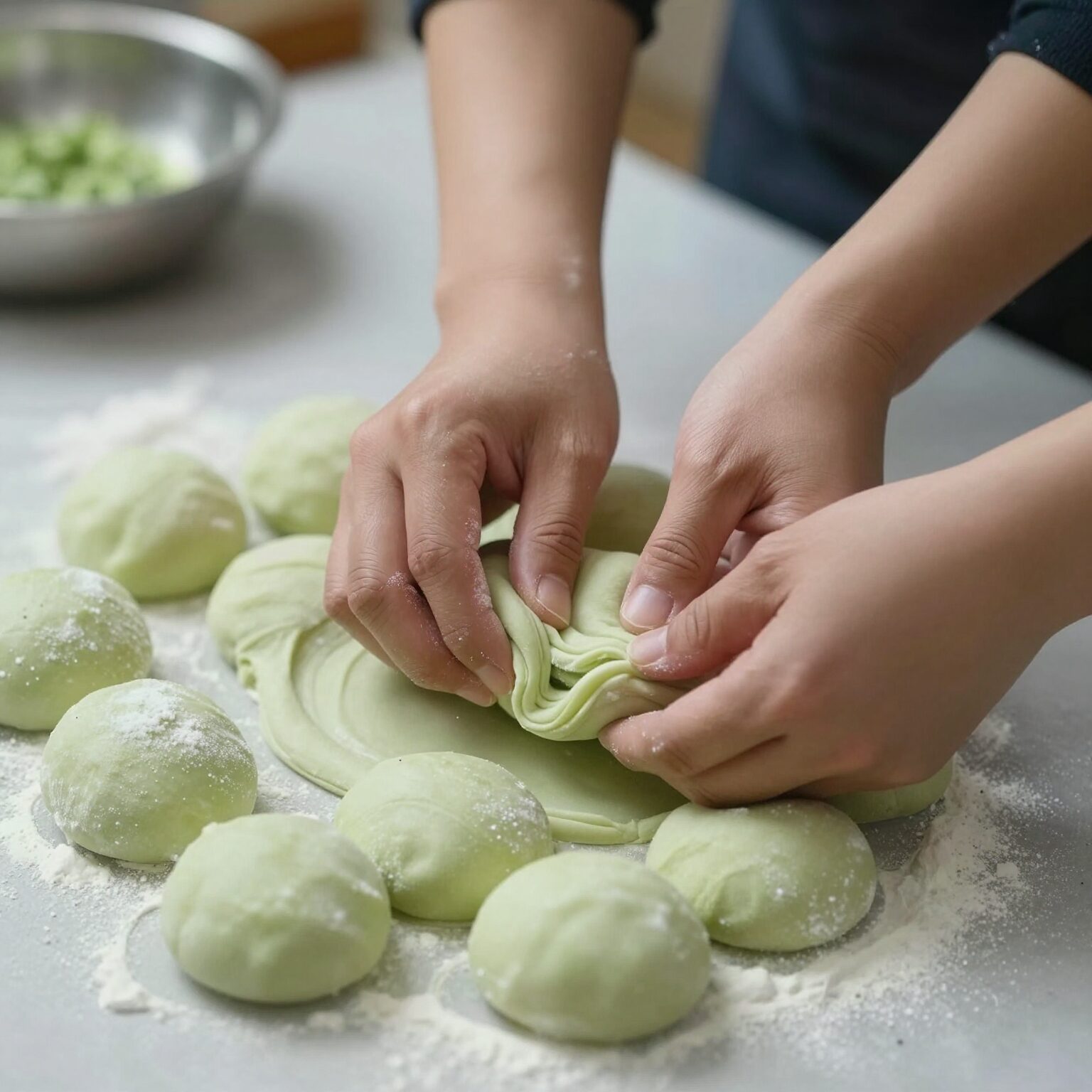 말랑한 쑥떡 반죽을 손으로 치대고 있는 모습