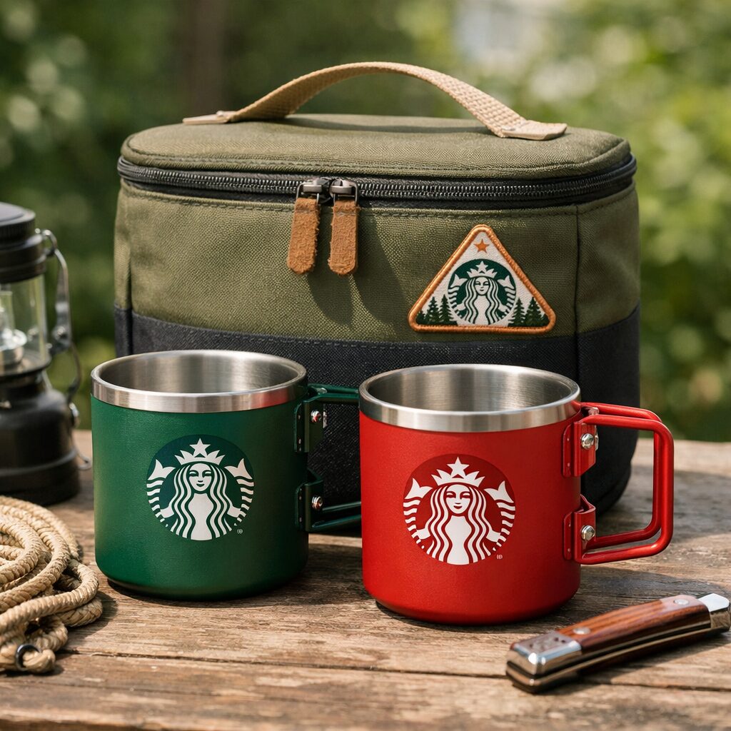 스타벅스 액티브 캠핑 컵 세트 2P 녹색과 빨간색 컵과 파우치 사진