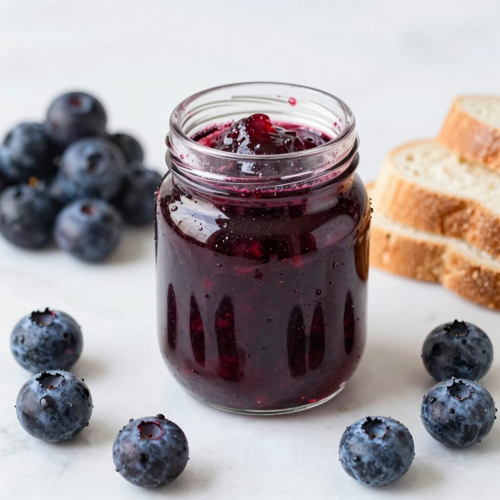 완성된 수제 딸기잼이 유리병에 담겨 있고 옆에 딸기와 빵이 놓여 있는 모습