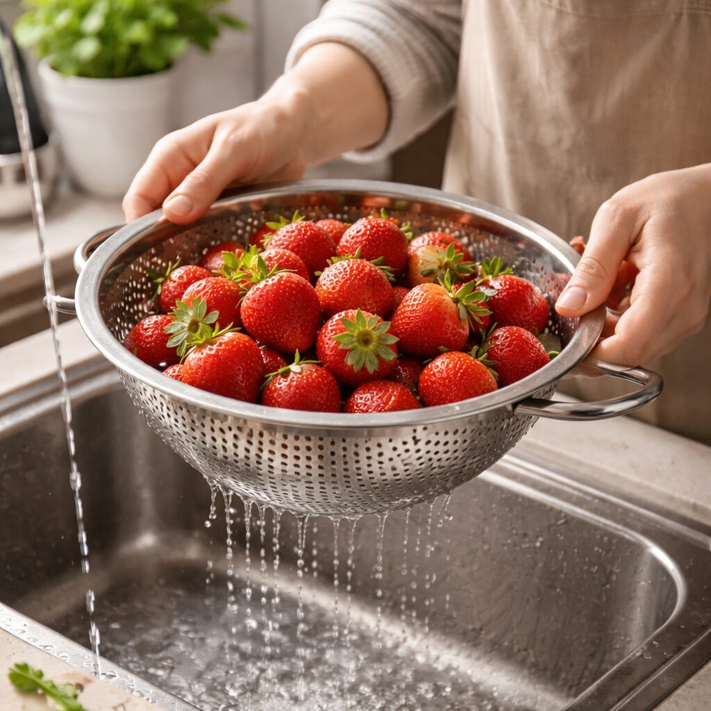 딸기를 채반에 받쳐 물기를 제거하는 과정