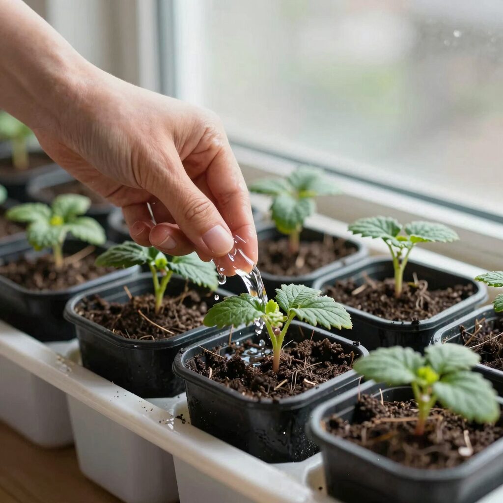 창가 화분에 심겨진 딸기 모종에 물을 주는 모습, 물주기는 아침에 흙이 마르면 충분히 준다