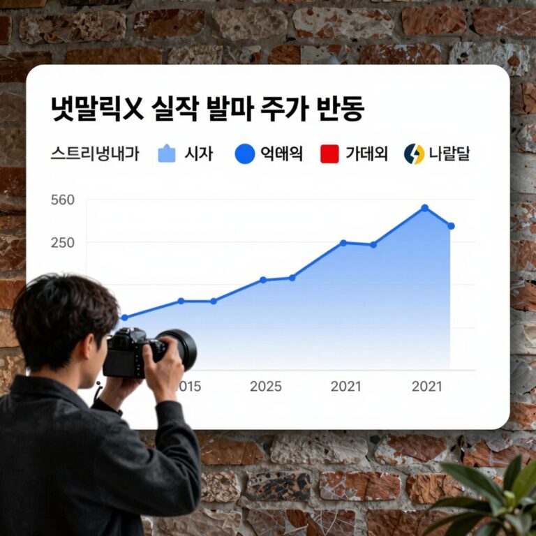 넷플릭스 실적 발표 후 주가 변동을 나타낸 차트와 다양한 스트리밍 서비스 로고