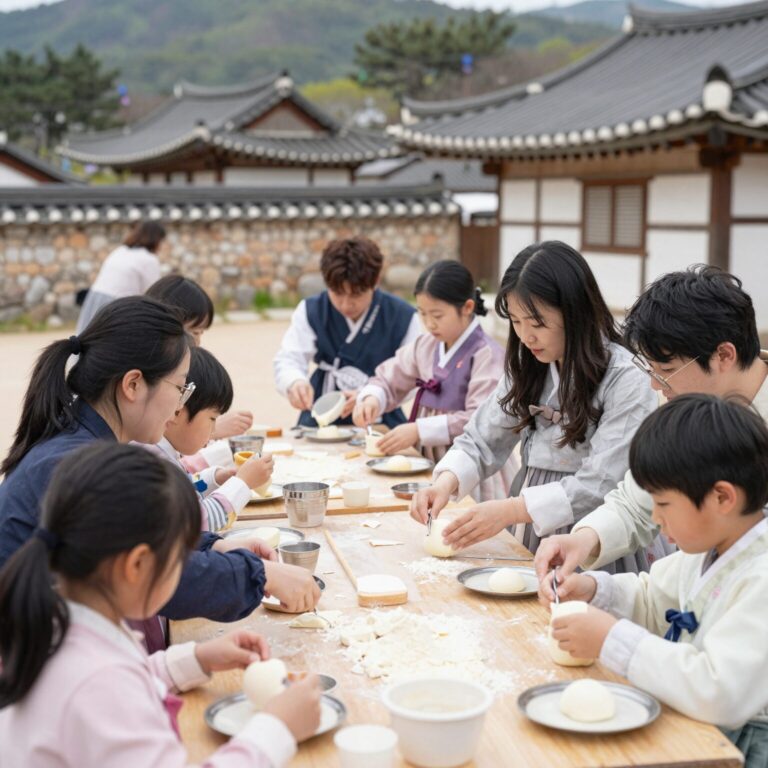 화순 수만리들국화마을에서 가족이 두부 만들기 체험을 하고 있는 모습