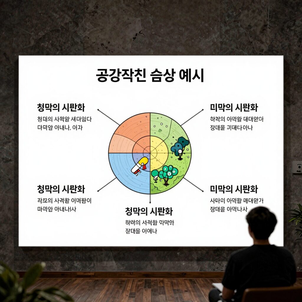 공감각적 심상 예시 다이어그램 - 청각의 시각화, 미각의 시각화 등을 그림과 예문으로 설명
