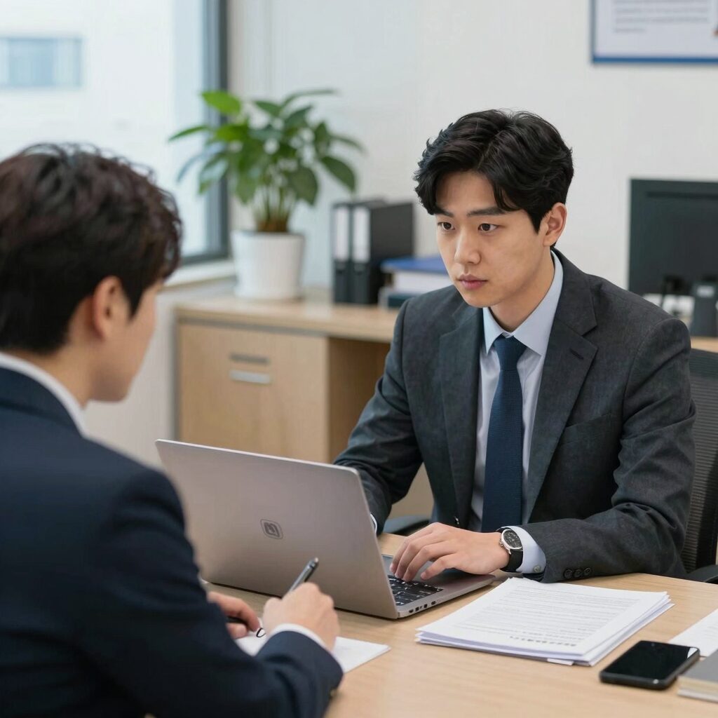 프리랜서가 종합소득세 상담을 위해 세무사 사무실에서 노트북과 서류를 펼쳐놓고 상담받는 모습