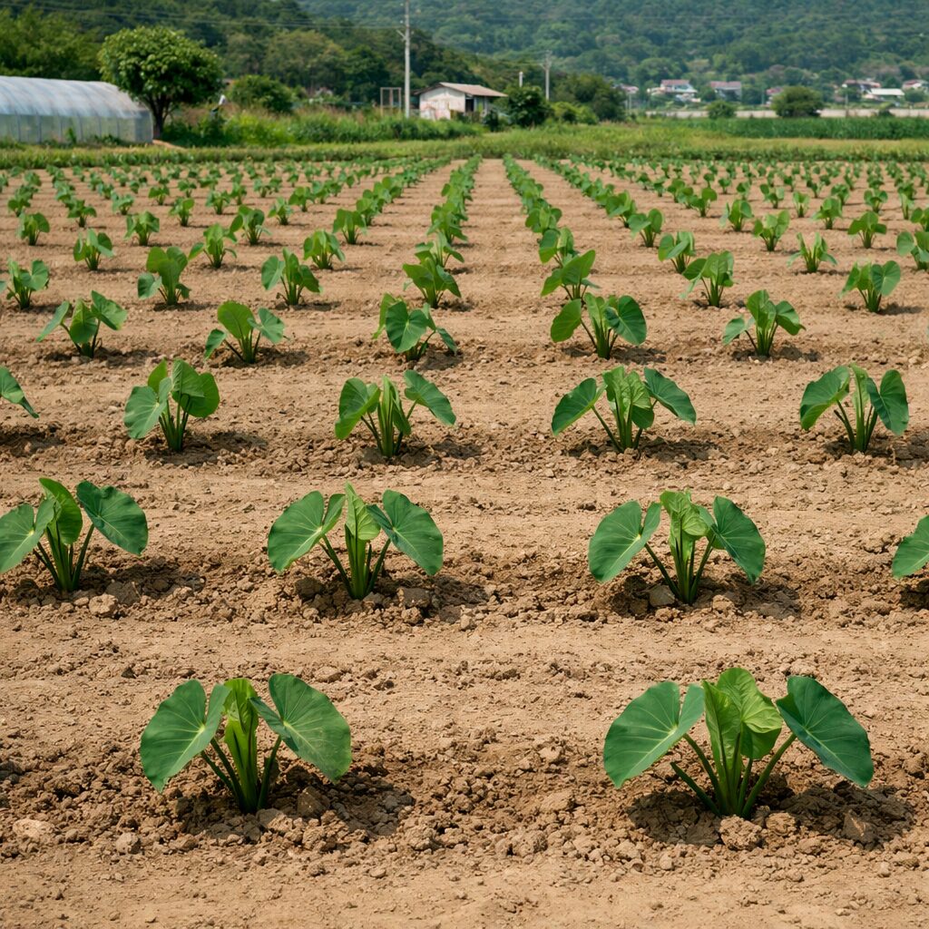 토란 심기 적정 간격을 보여주는 밭 사진. 넓게 띄워 심은 토란 모종이 줄지어 있다.
