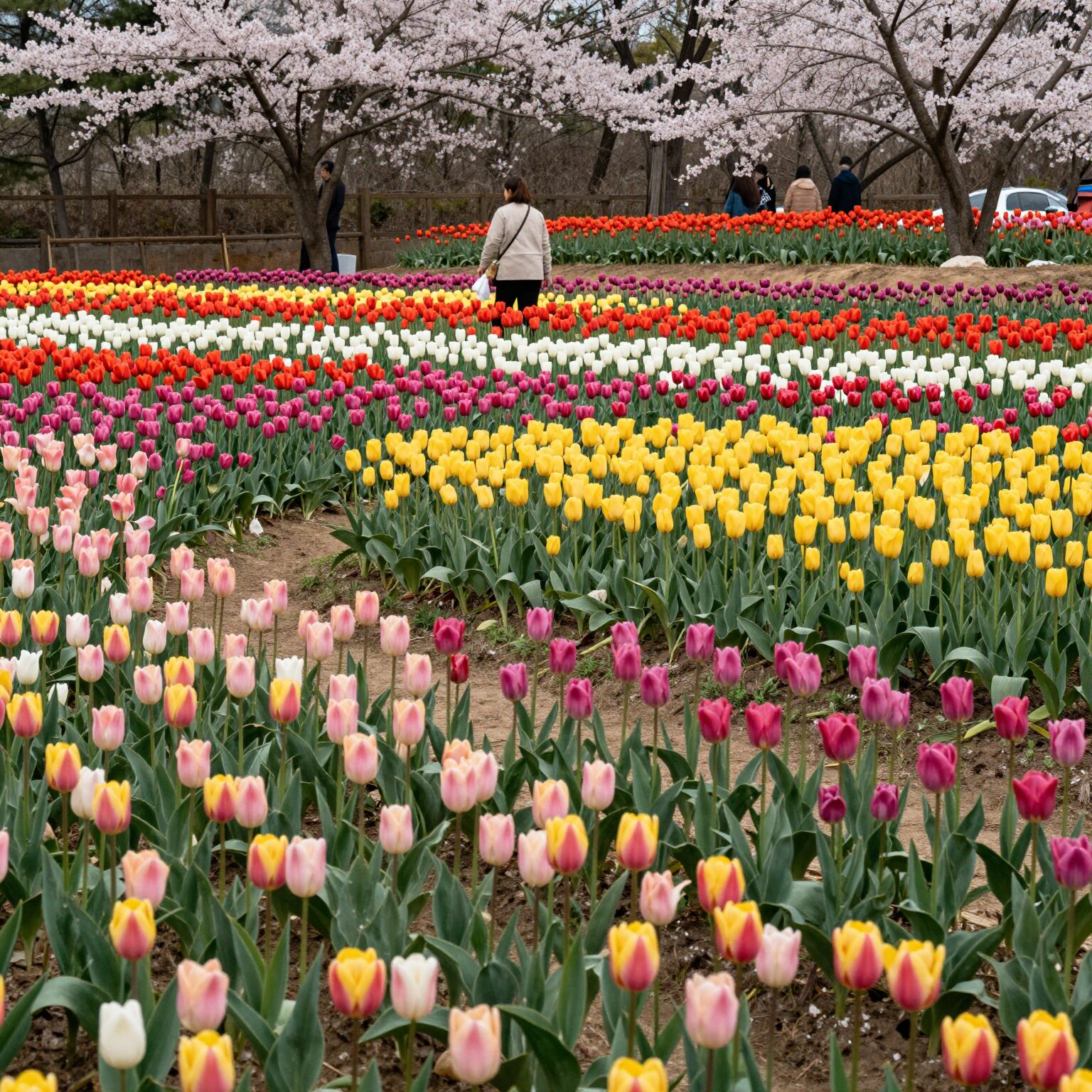 평택 농업생태원 튤립밭과 액자형 포토존, 다양한 색깔의 튤립이 펼쳐져 있다