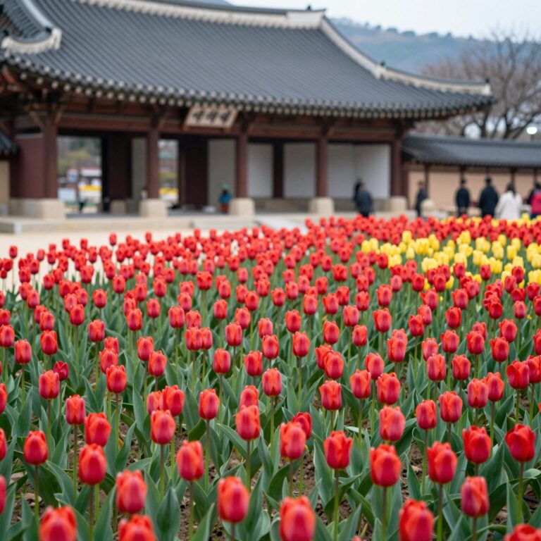 울산대공원 남문광장에 핀 알록달록한 튤립 정원 전경