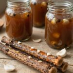 물기를 뺀 엄나무순과 마늘 고추를 유리병에 담고 식힌 간장을 부어 장아찌를 만드는 과정