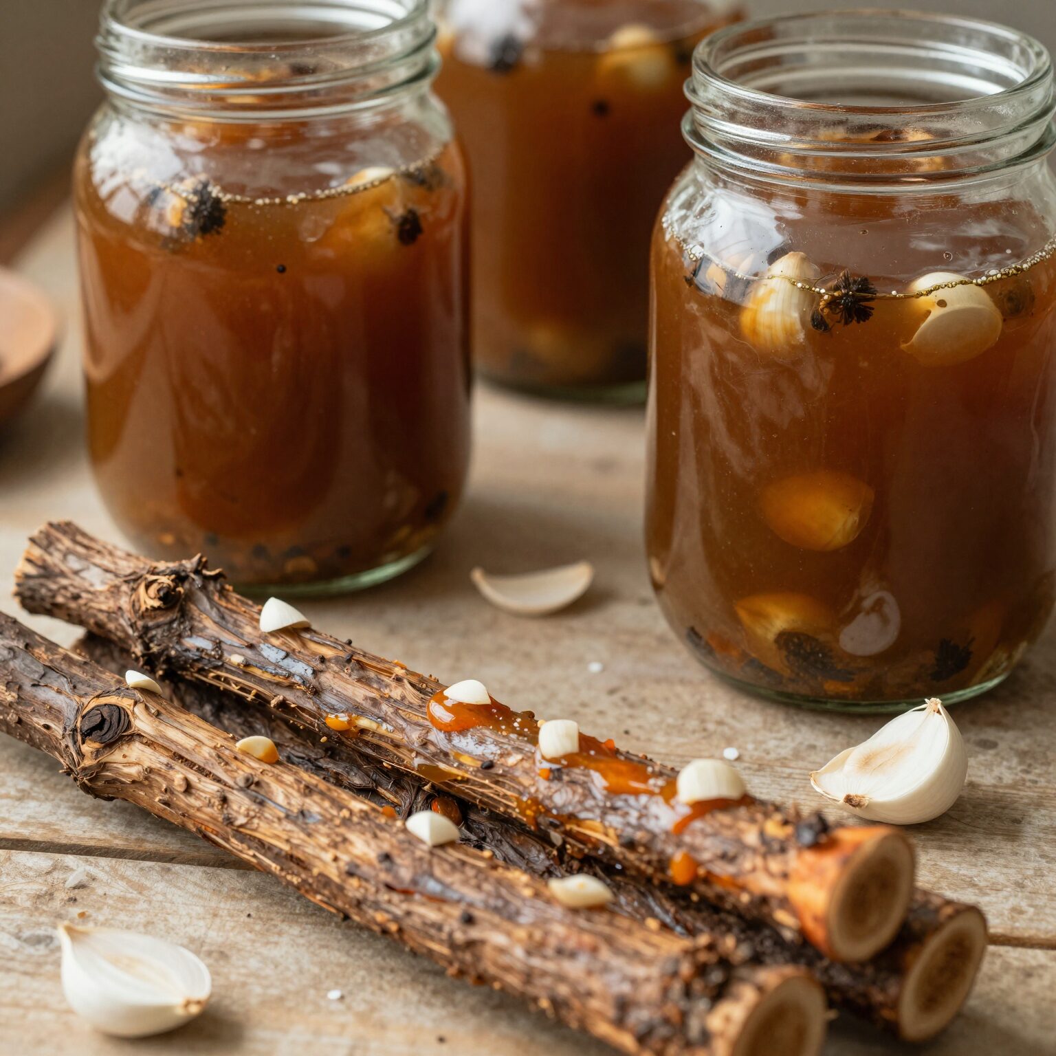 물기를 뺀 엄나무순과 마늘 고추를 유리병에 담고 식힌 간장을 부어 장아찌를 만드는 과정