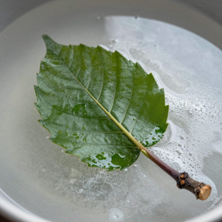 엄나무순을 소금물에 데치는 과정, 잎이 하늘을 향하게 넣고 줄기부터 데침