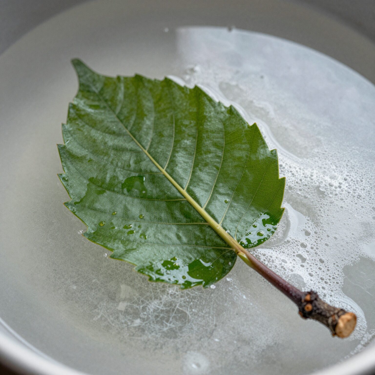 엄나무순을 소금물에 데치는 과정, 잎이 하늘을 향하게 넣고 줄기부터 데침