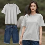 유니클로 U 와이드 핏 크루넥 티셔츠를 입은 여성의 데일리 코디 사진