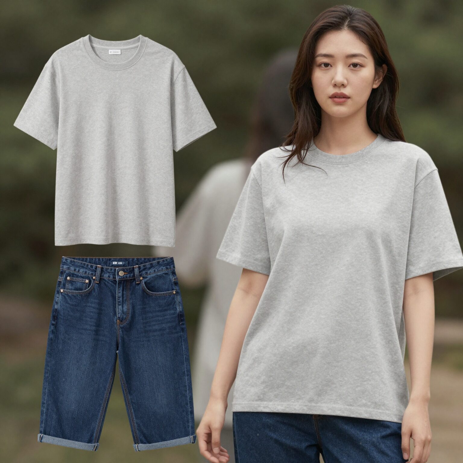 유니클로 U 와이드 핏 크루넥 티셔츠를 입은 여성의 데일리 코디 사진