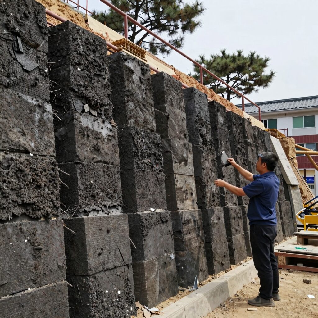 보강토 옹벽에 식생블럭을 쌓아 올리는 시공 현장 사진
