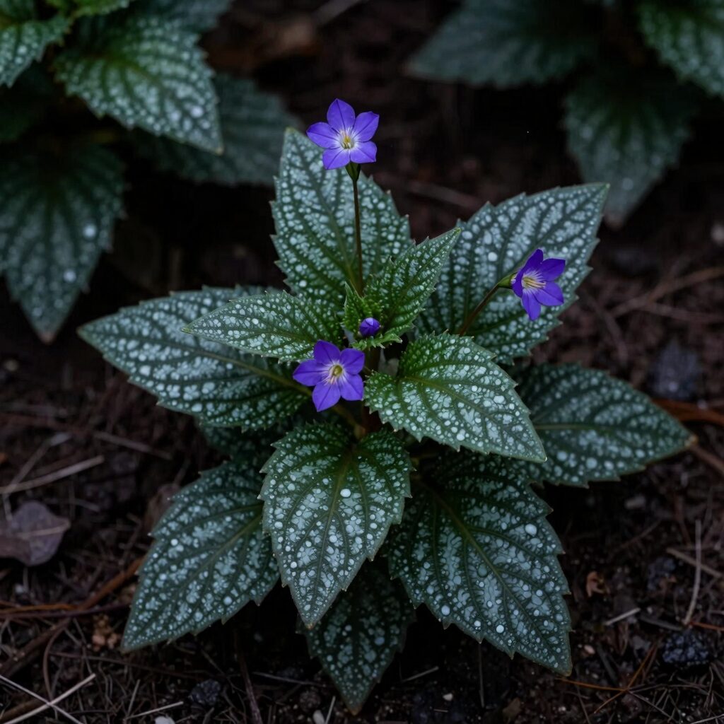 그늘진 정원 구석에서 푸르른 잎과 보라색 꽃을 피운 무늬빈카 식물