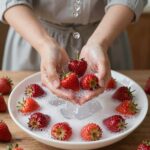 4월 제철 과일 가격 할인과 신선하게 보관하는 법 딸기를 베이킹소다 물에 가볍게 담가 씻는 과정