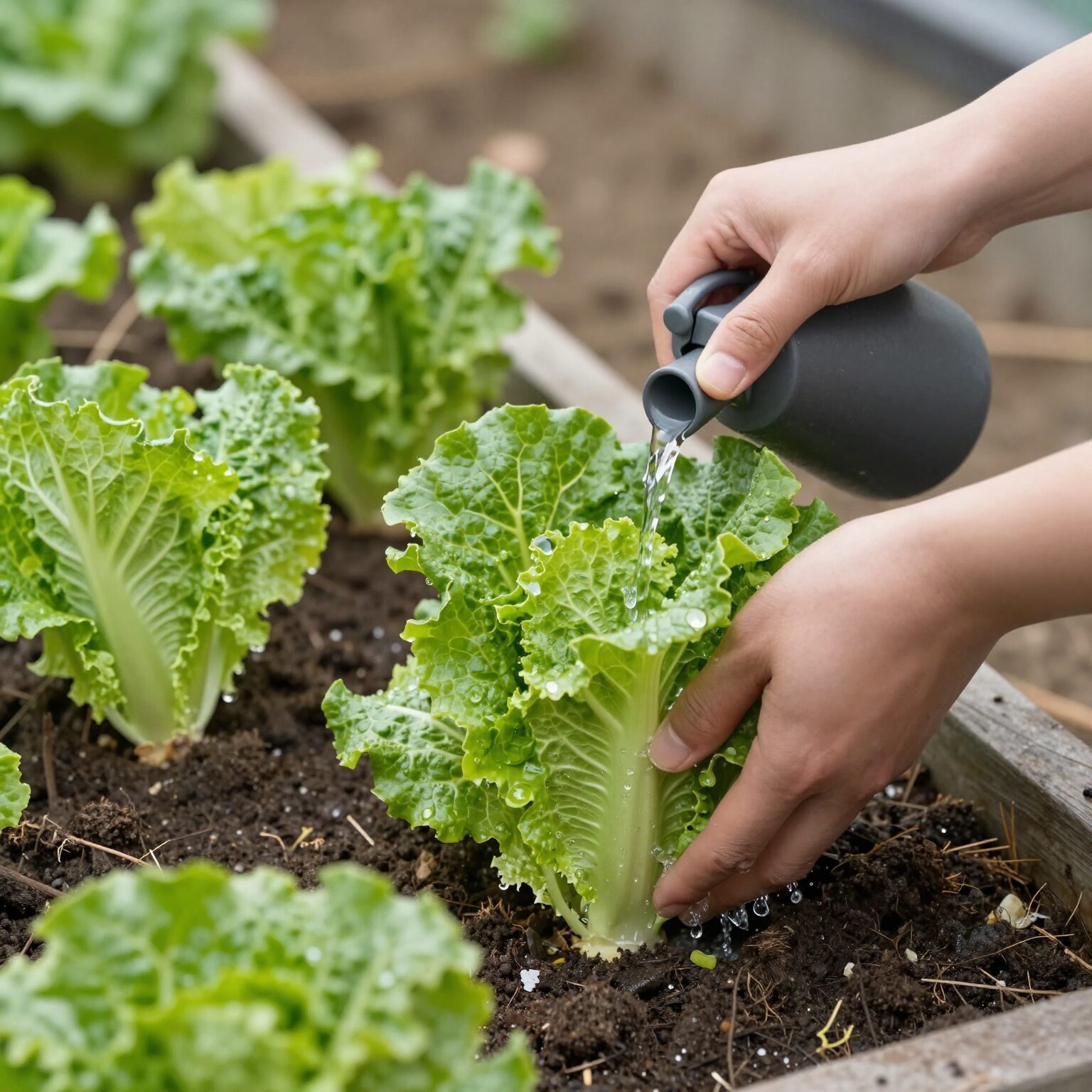 화분에 심긴 싱싱한 상추에 물을 주는 모습, 물주기는 아침이나 저녁에 흙 표면이 마르면 듬뿍 주는 것이 좋다