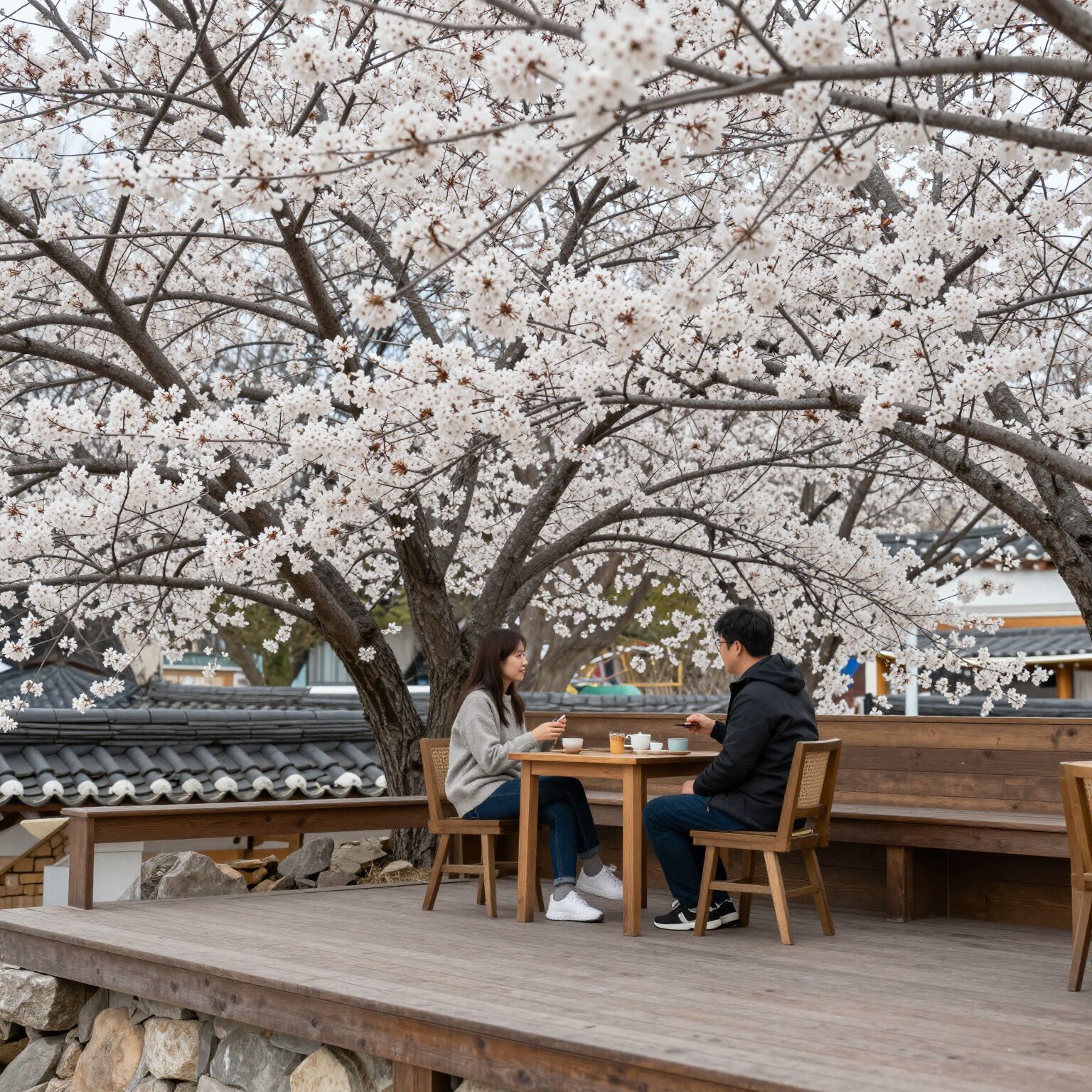 청주 대장간이야기 카페 2층 테라스에 핀 흰색 등나무꽃 아래 앉아 있는 모습