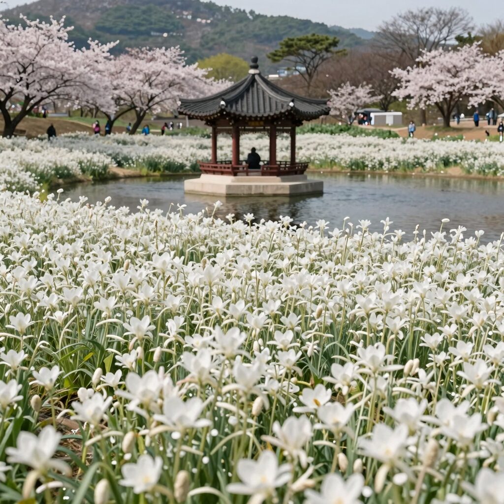 밀양 위양지 봄 풍경, 하얀 이팝꽃이 만개한 연못과 중앙의 완재정