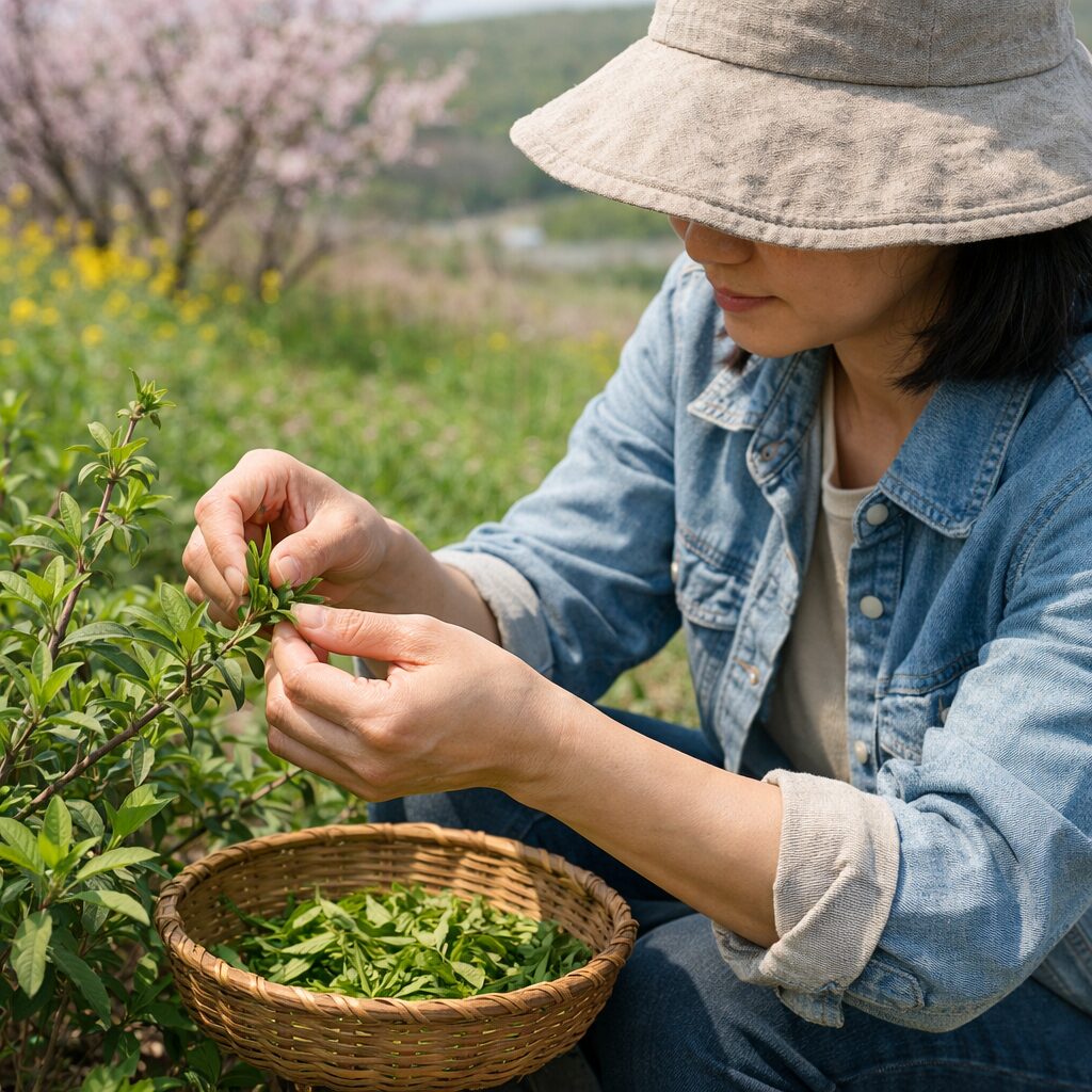 봄 들판에서 구기자잎 새순을 따는 모습