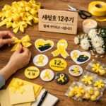 손으로 만든 노란 리본과 스티커가 놓인 테이블 위 모습, 세월호 12주기 나눔을 상징적으로 표현