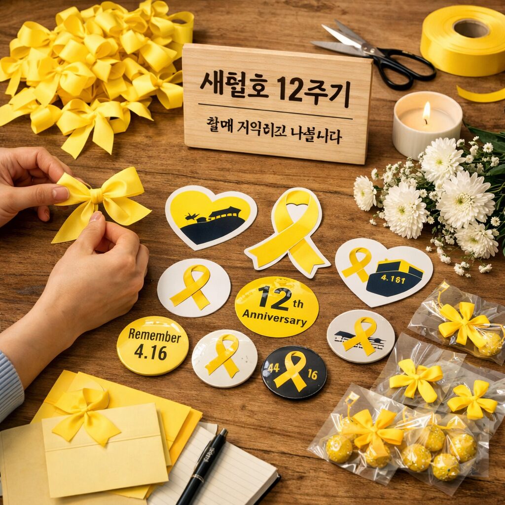 손으로 만든 노란 리본과 스티커가 놓인 테이블 위 모습, 세월호 12주기 나눔을 상징적으로 표현